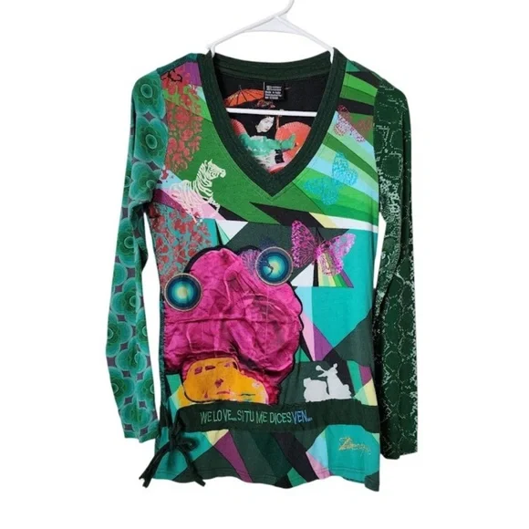 DESIGUAL Patchwork Graphic Long Sleeve Top Multicolor Boho Artsy Eclectic Size S - Picture 1 of 3